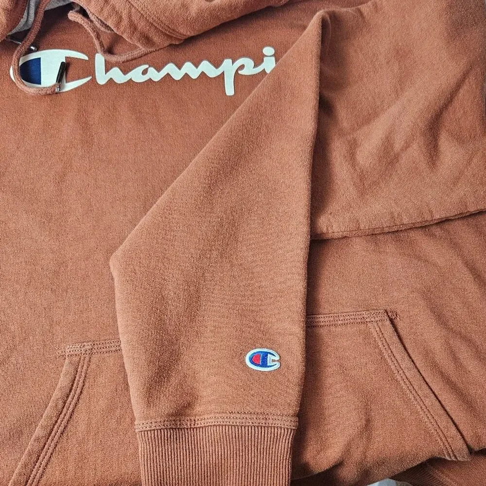 Champion Hoodie Men’s Medium Brown Logo Pullover Sweatshirt Cotton Blend Winter - Picture 4 of 9